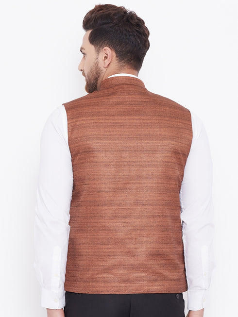 VASTRAMAY Men's Coffee Brown Silk Blend Nehru Jacket